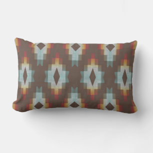 Dark Brown Terracotta Red Blue Grey Tribal Art Lumbar Pillow