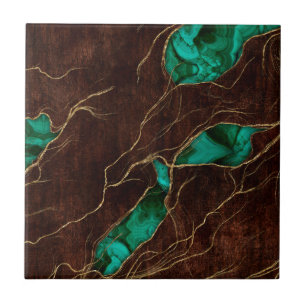 Dark Brown Wood and Malachite Abstract Digital art Tile