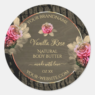 Dark Brown Wood Grain Pink Roses Product Labels