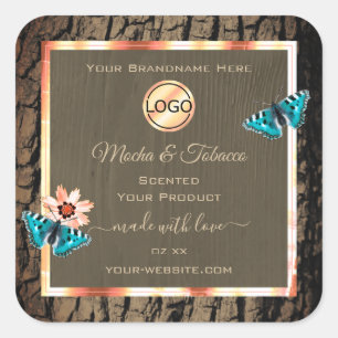 Dark Brown Wood Product Label Butterflies and Logo