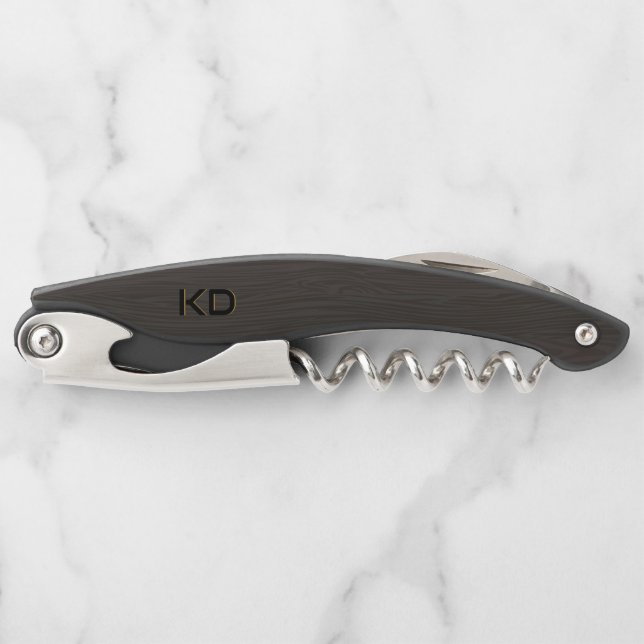Dark Brown Wood Texture Monogram Corkscrew (Front)