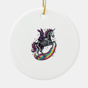 Dark Bunny Riding Skeleton Unicorn Vintage Engravi Ceramic Ornament