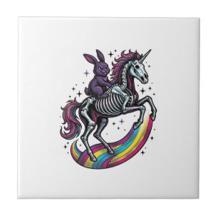 Dark Bunny Riding Skeleton Unicorn Vintage Engravi Tile