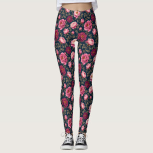 Dark Burgundy and Pink Flowers Leggings