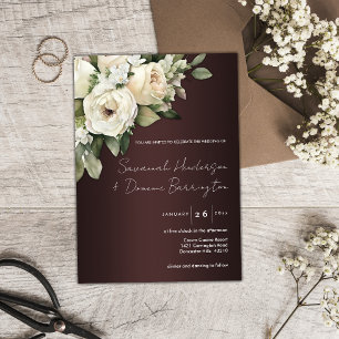 Dark Burgundy and White Rose Bouquet Wedding Invitation