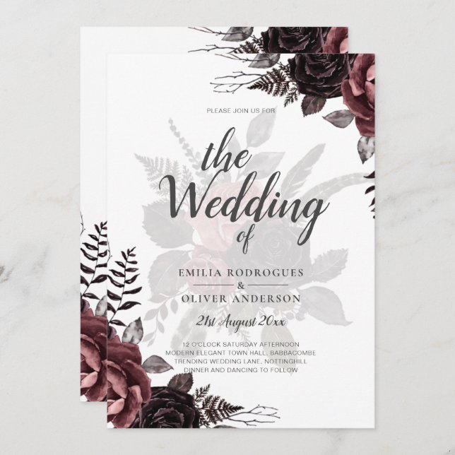 Dark Burgundy Black Roses Wedding Fall Winter Invitation (Front/Back)