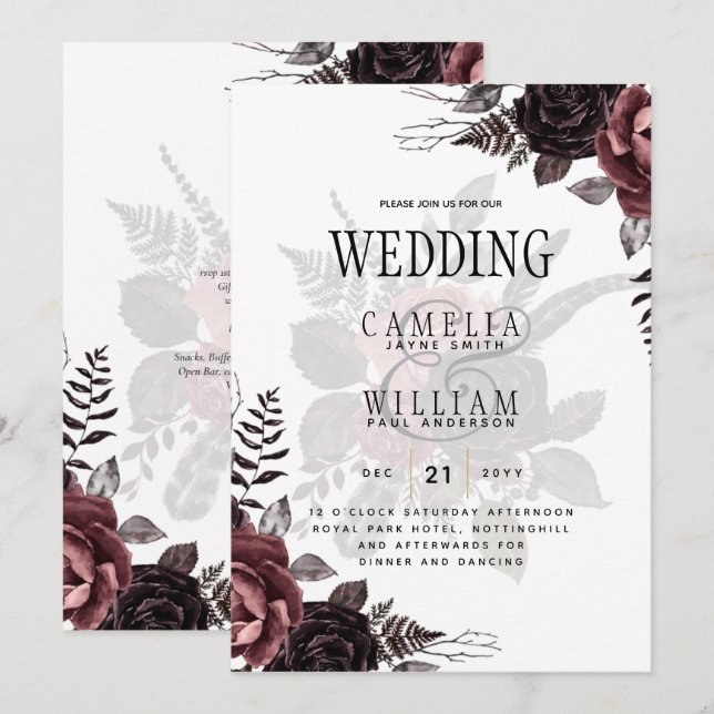 Dark Burgundy Black Roses Wedding Fall Winter Invitation (Front/Back)