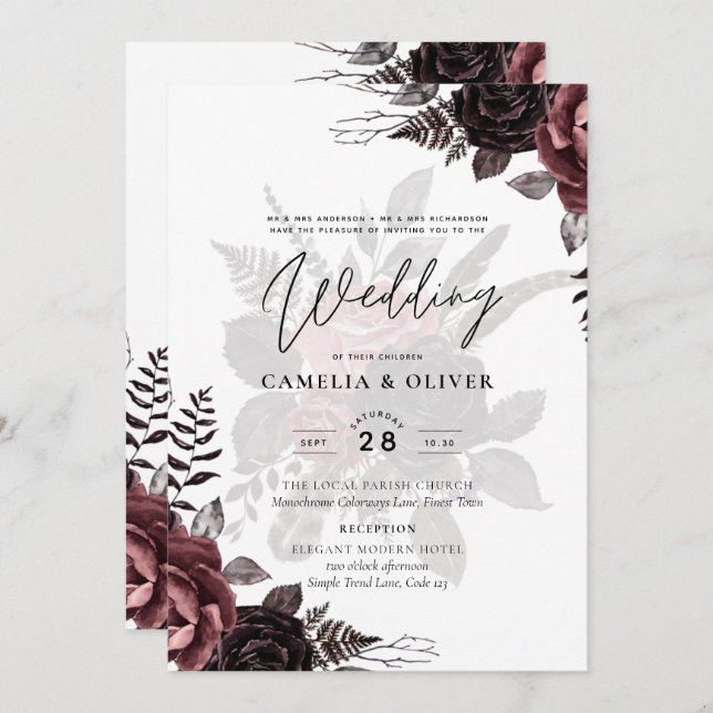 Dark Burgundy Black Roses Wedding Fall Winter Invitation (Front/Back)