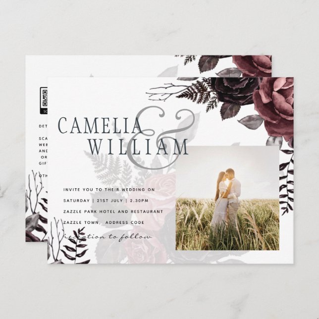 Dark Burgundy Black Roses Wedding Fall Winter Postcard (Front/Back)