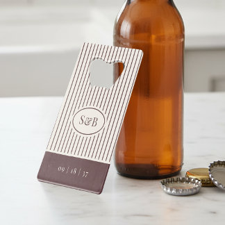 Dark Burgundy Classic Pinstripe Wedding Monogram Credit Card Bottle Opener