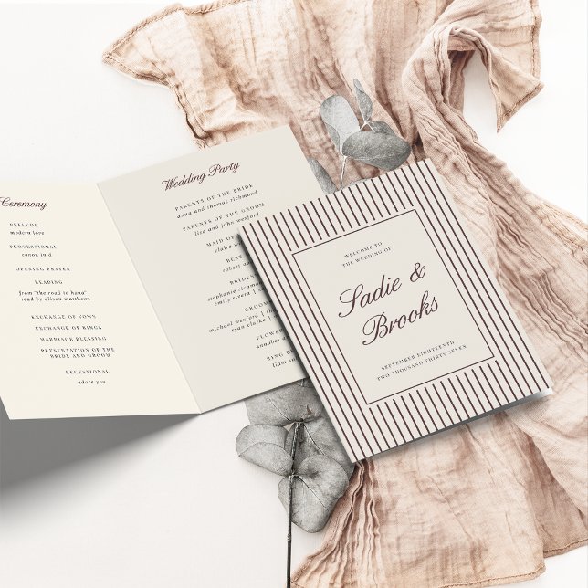 Dark Burgundy Classic Script Pinstripe Wedding Program (Creator Uploaded)