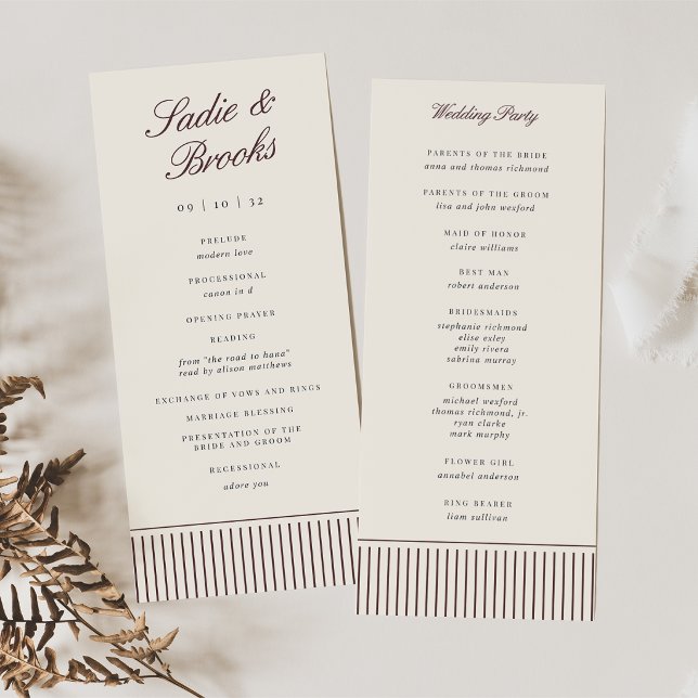 Dark Burgundy Classic Script Pinstripe Wedding Program (Creator Uploaded)
