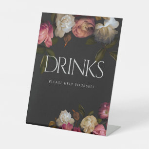Dark Burgundy & Cream Peonies Black Shower Drinks Pedestal Sign