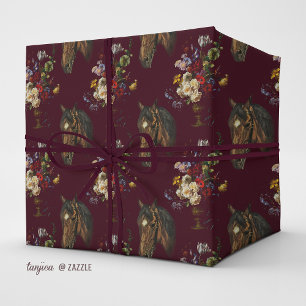 Dark Burgundy Elegant Vintage Horse Floral Wrapping Paper