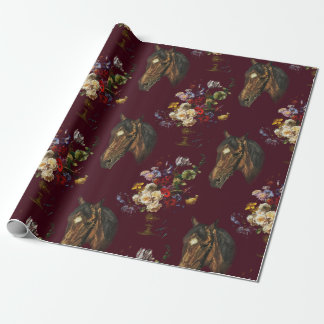 Dark Burgundy Elegant Vintage Horse Floral Wrapping Paper