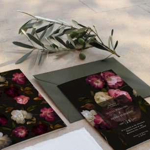 Dark Burgundy Floral Moody Black Elegant Romantic Invitation
