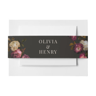 Dark Burgundy Floral Moody Black Elegant Romantic Invitation Belly Band
