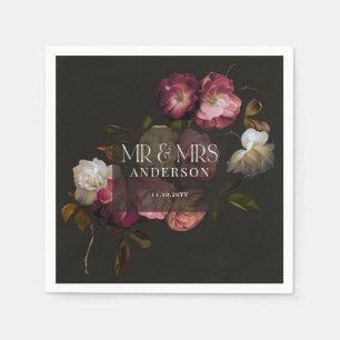 Dark Burgundy Floral Moody Black Elegant Romantic Napkin