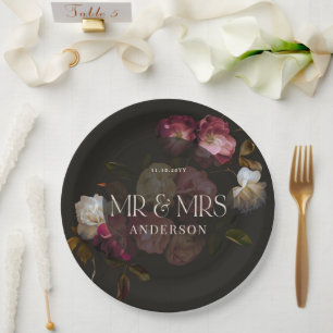 Dark Burgundy Floral Moody Black Elegant Romantic Paper Plate