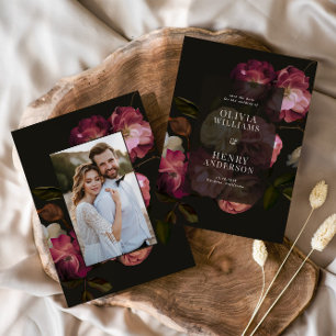 Dark Burgundy Floral Moody Black Elegant Romantic Save The Date