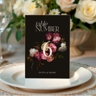 Dark Burgundy Floral Moody Black Elegant Romantic Table Number
