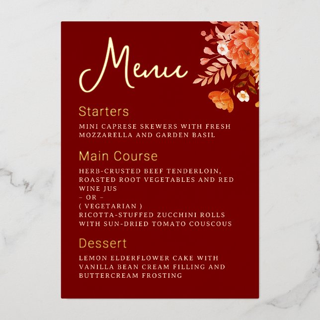 Dark Burgundy Floral Wedding Menu Gold Foil Card (Front)