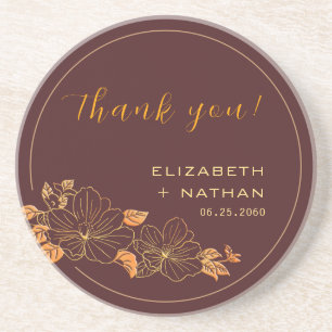 Dark Burgundy Gold Floral Wedding Thank You Gift Coaster