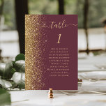 Dark Burgundy Gold Glitter Wedding Table Number<br><div class="desc">The left-hand edge of this elegant modern wedding table number card features a gold faux glitter border. The word "table" appears in gold-coloured whimsical handwriting script on a dark burgundy background. Add the names of your guests who are assigned to each table.</div>