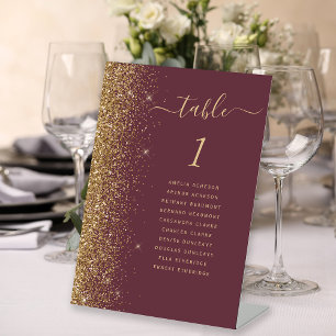 Dark Burgundy Gold Glitter Wedding Table Number Pedestal Sign