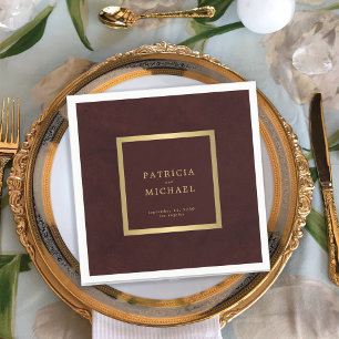 Dark burgundy gold wedding bride and groom napkin