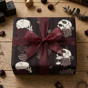 Dark Burgundy Gothic Skull & Rose Stripes Wrapping Paper