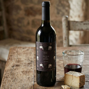 Dark Burgundy Gothic Skull & Rose Wedding Wine Label