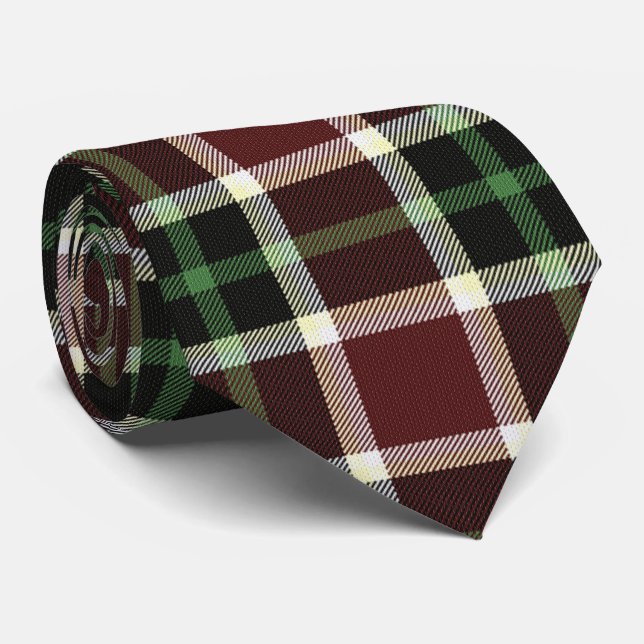 Dark Burgundy Green White Tartan Plaid Pattern Tie (Rolled)