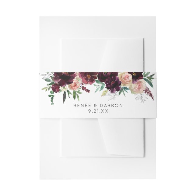Dark Burgundy & Light Pink Blush Floral Invitation Belly Band (Front Example)