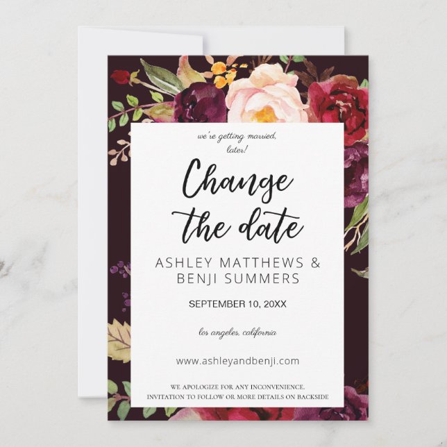 Dark Burgundy Marsala Floral Change the Date V3 Invitation (Front)