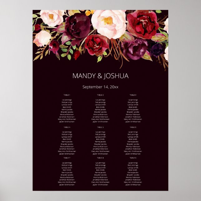 Dark Burgundy Marsala Floral Seating Chart -9 (Front)