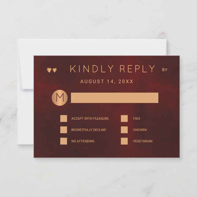 Dark burgundy metallic copper wedding meal options invitation (Front)