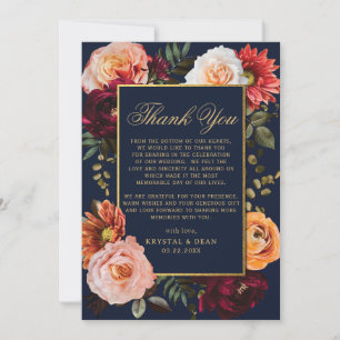 Dark Burgundy Orange Floral Navy Gold Wedding  Thank You Card