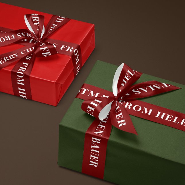 Dark Burgundy Red Simple Text Merry Christmas Gift Satin Ribbon (personalized white text on burgundy red satin Merry Christmas ribbon with custom name)