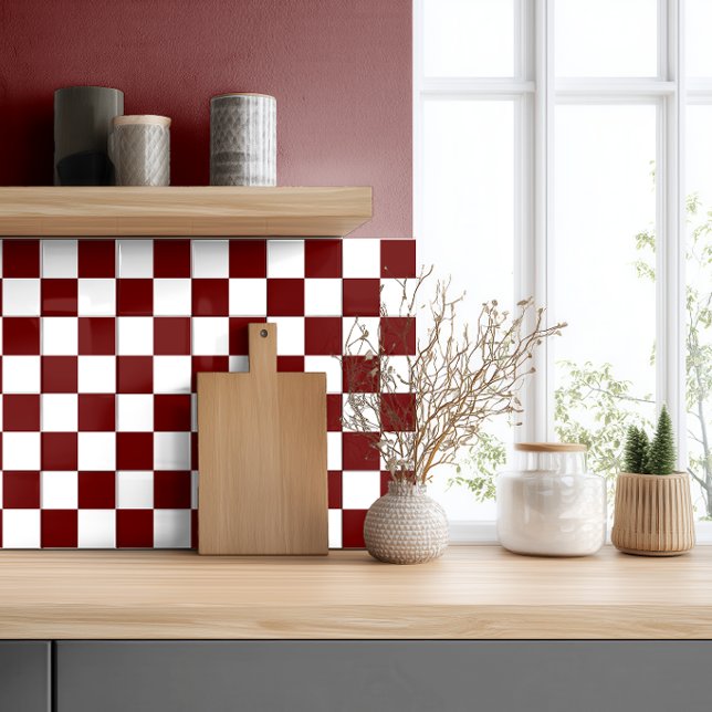 Dark Burgundy Red White Chequered Ceramic Tile (Creator Uploaded)