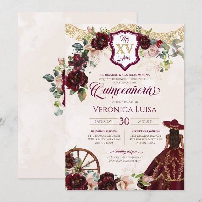 Dark Burgundy Rose Elegant Charro Quinceanera Invitation (Front/Back)