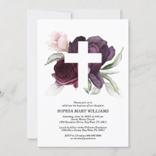 Dark Burgundy Rose & White Cross Girl Baptism Invitation