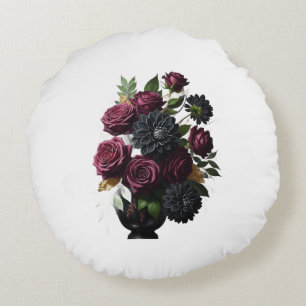 Dark Burgundy Roses and Black Dahlias Round Pillow