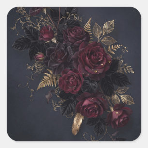 Dark Burgundy Roses and Gold Leaves Arrangement Square Sticker
