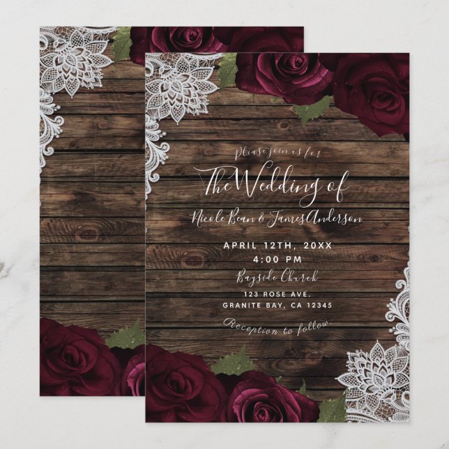 Dark Burgundy Roses Rustic White Lace Wedding Invitation (Front/Back)