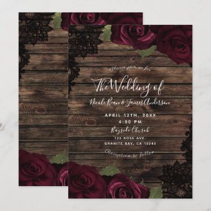 Dark Burgundy Roses Wood Black Lace Wedding Invitation