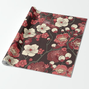 Dark Burgundy Sakura Floral Coral Blossom Pattern Wrapping Paper