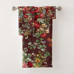 Dark Burgundy Victorian Rose Floral Ribbon Pattern Bath Towel Set