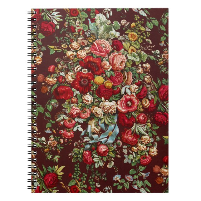 Dark Burgundy Victorian Rose Floral Ribbon Pattern Notebook (Front)