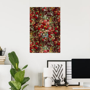 Dark Burgundy Victorian Rose Floral Ribbon Pattern Poster